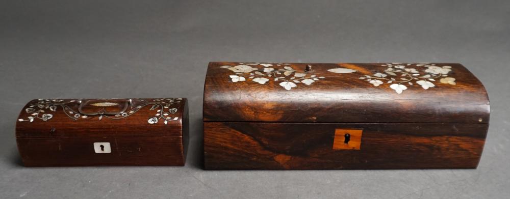 Appraisal: TWO VICTORIAN MOTHER-OF-PEARL INLAID ROSEWOOD DOME TOP BOXES L OF