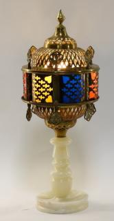 Appraisal: European Orientalist Moorish Brass Onyx Lamp EUROPE TH CENTURY A