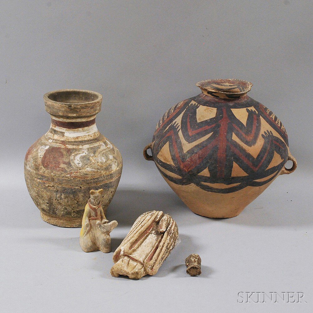 Appraisal: Two Pottery Jars and Two Figures one jar with painted