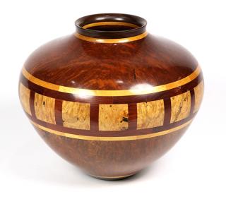 Appraisal: Warren Atkins redwood turned and inlaid vessel Warren Atkins redwood