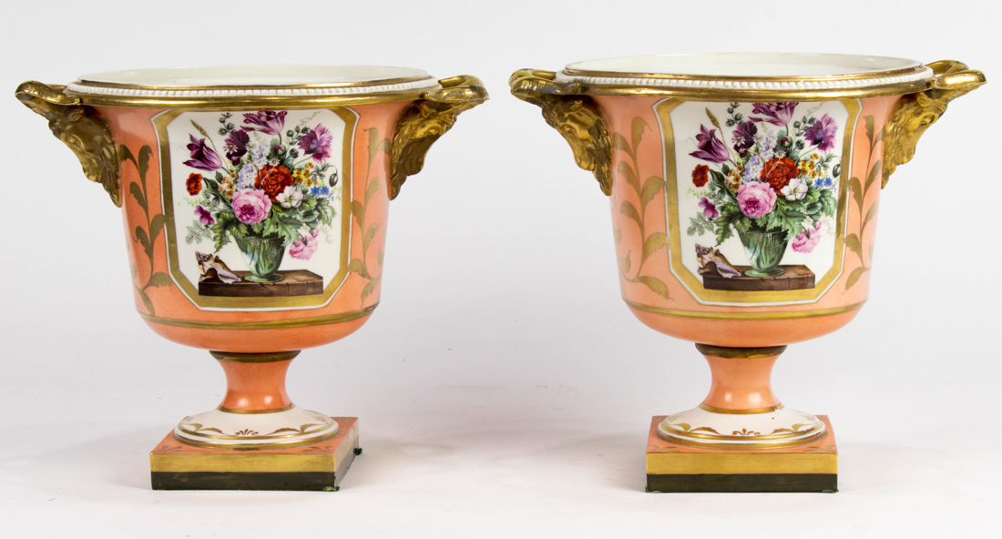 Appraisal: PAIR OF MOTTAHEDEH PORCELAIN CAMPANA FORM URNS Pair of Mottahedeh