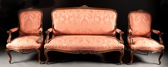 Appraisal: Louis XV style carved walnut parcel-gilt upholstered three-piece parlor suite