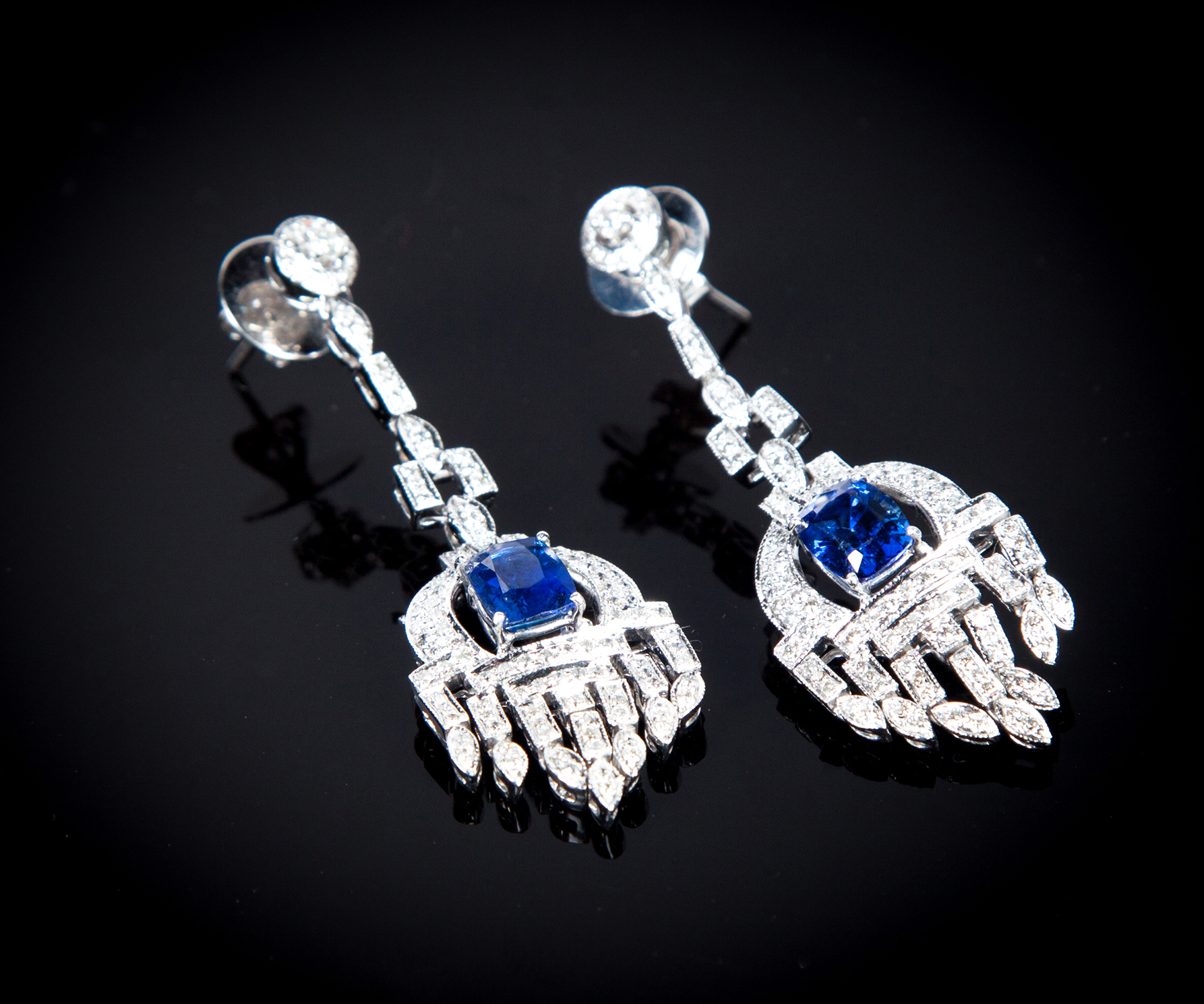 Appraisal: ART DECO-STYLE SAPPHIRE AND DIAMOND EARRINGS American st century KWG