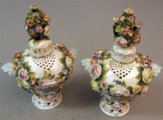 Appraisal: Pair of Twentieth century Dresden floral encrusted vases and covers