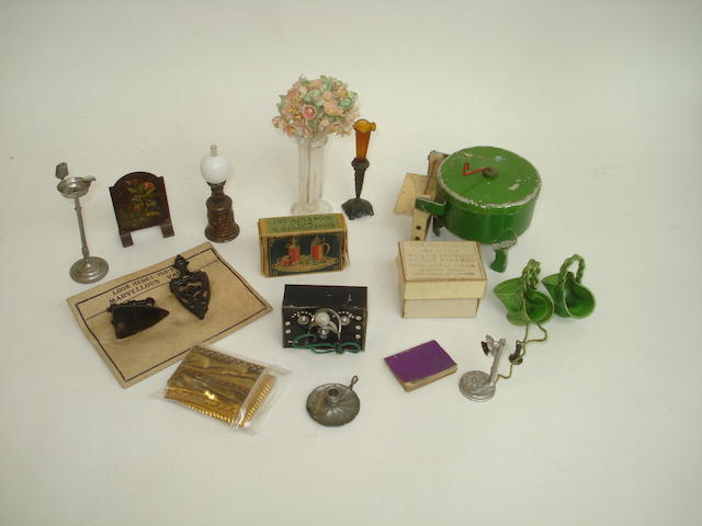 Appraisal: Collection of doll house miniatures Including milk glass gas light