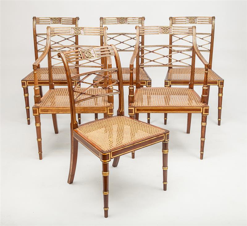 Appraisal: Set of Six Regency Style Gilt-Metal-Mounted Faux Grained Cane-Seat Dining