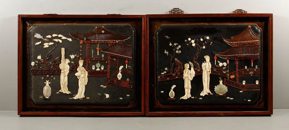 Appraisal: - Pr th C Chinese Wall Plaques Pair of th