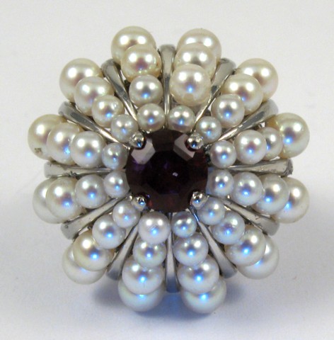 Appraisal: GARNET AND PEARL RING k white gold and centering a