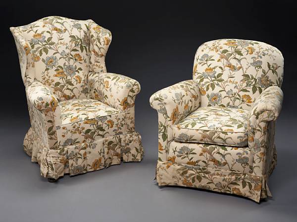 Appraisal: Three upholstered club chairs mid th century Comprising a floral