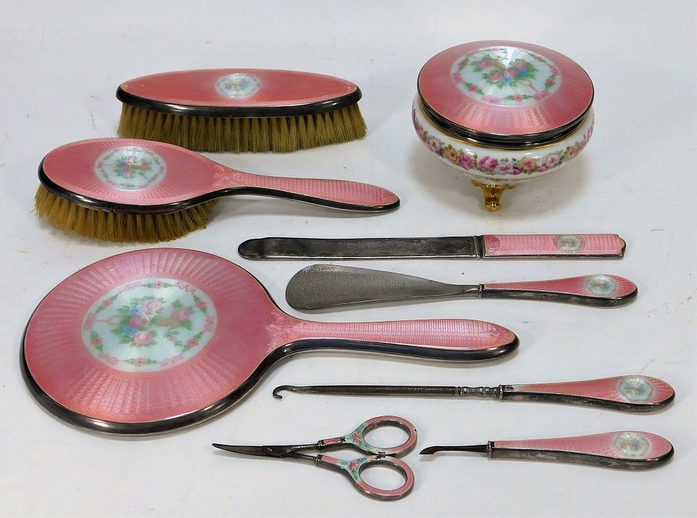 Appraisal: Foster Bailey Pink Guilloche Silver Vanity Set France United States