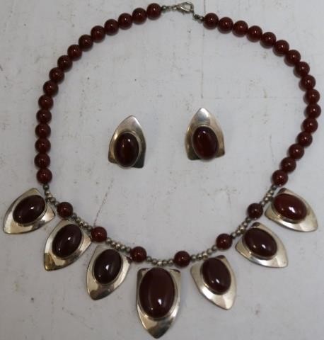 Appraisal: THREE-PIECE STERLING AND CARNELIAN SET CONSISTING OF A NECKLACE AND