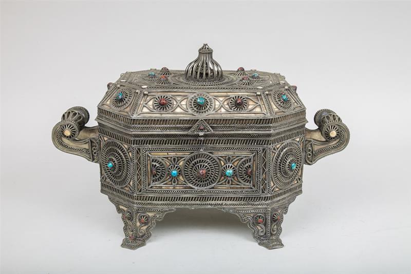 Appraisal: Near Eastern Turquoise and Bone-Mounted Silvered Metal Coffret x in