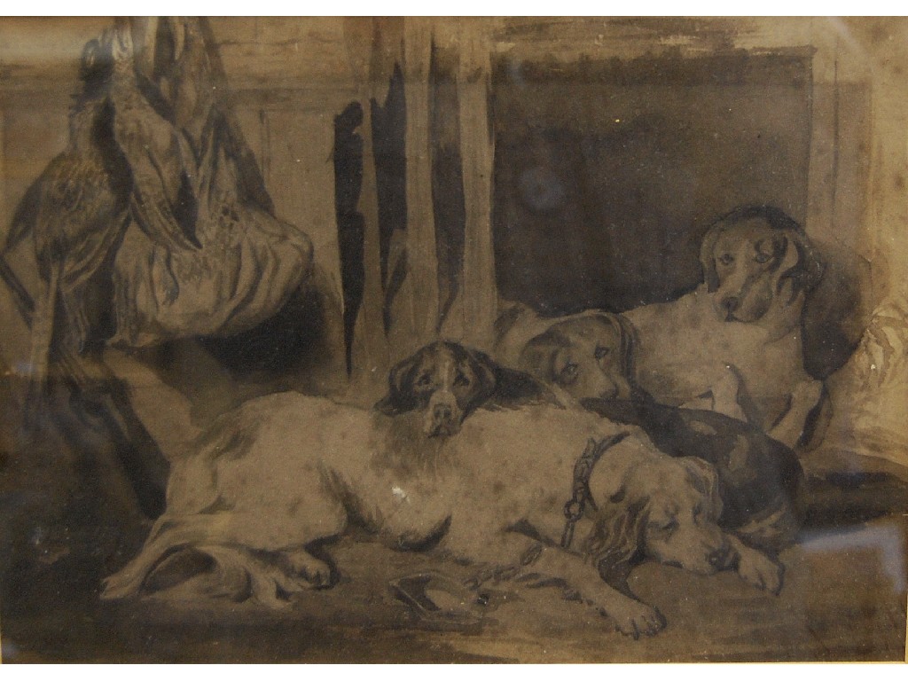 Appraisal: th century English school - Resting hounds their kill hanging