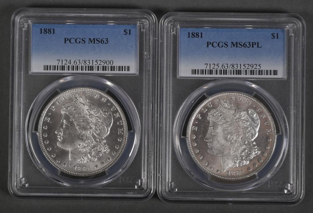 Appraisal: Two PCGS graded Morgan silver dollars MS PL MS shipping