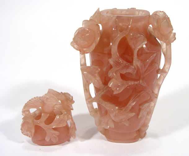 Appraisal: Rose quartz vase and cover heavily carved with peony flowers