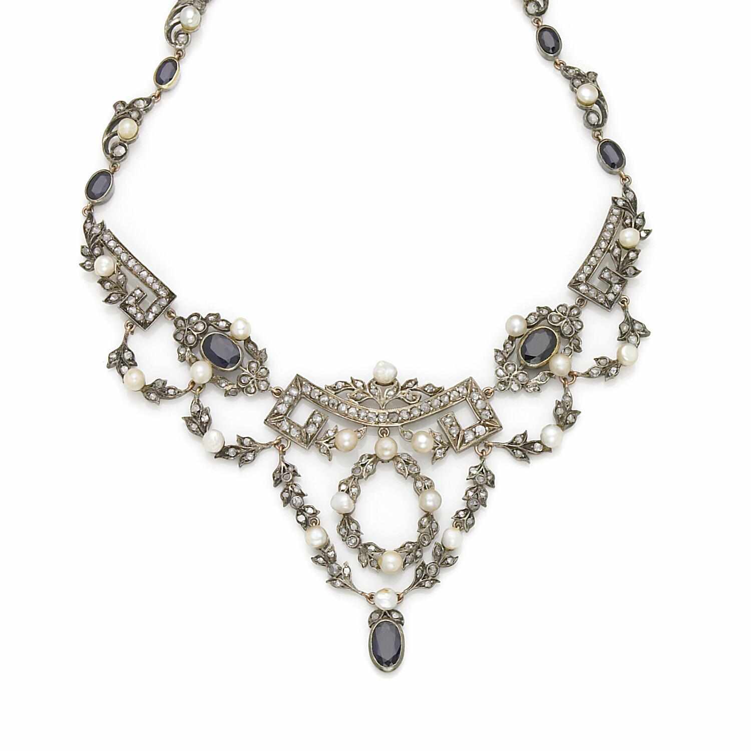 Appraisal: A sapphire cultured pearl diamond and silver-topped gold necklace length