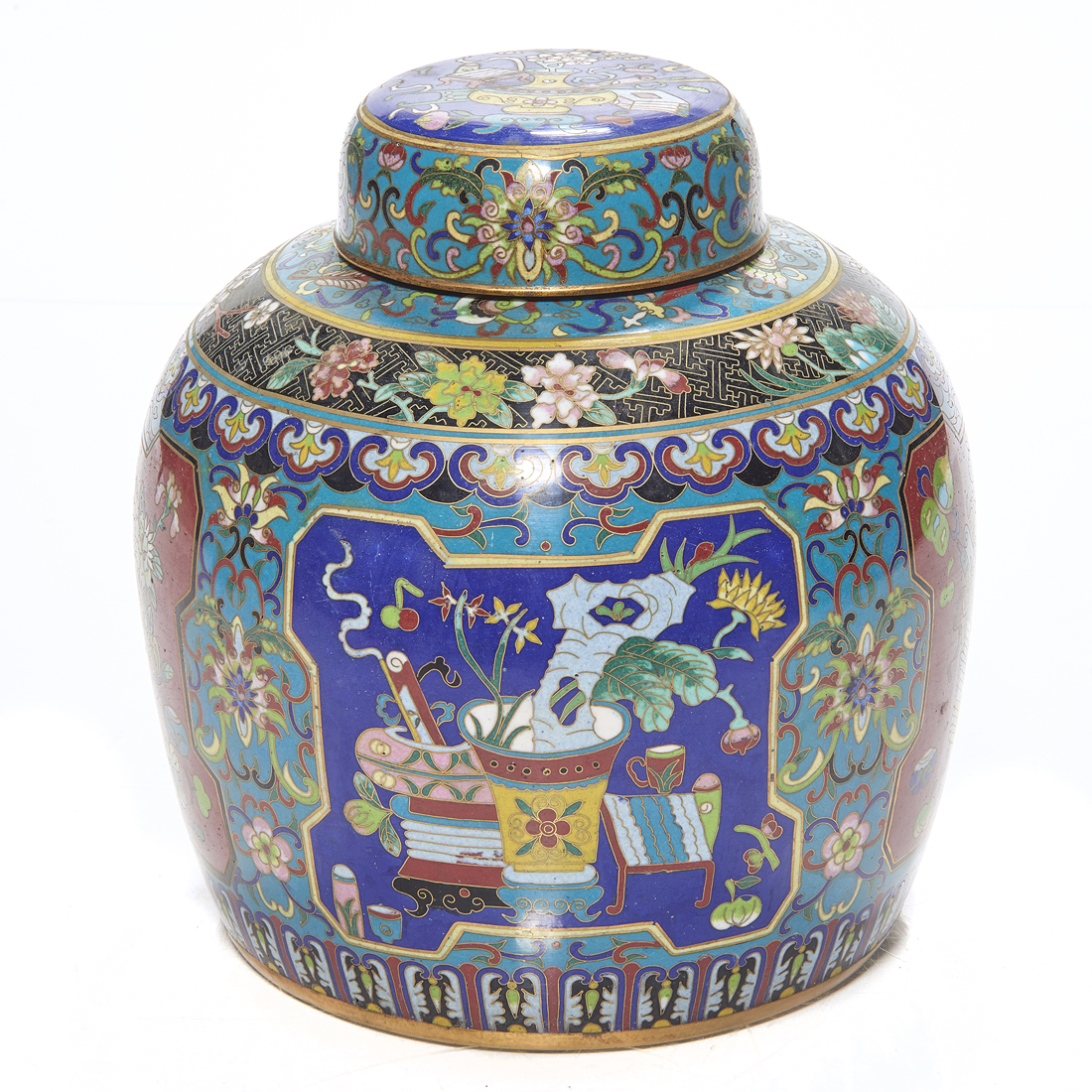 Appraisal: CHINESE CLOISONNE ENAMEL LIDDED JAR Chinese cloisonne enamel lidded jar