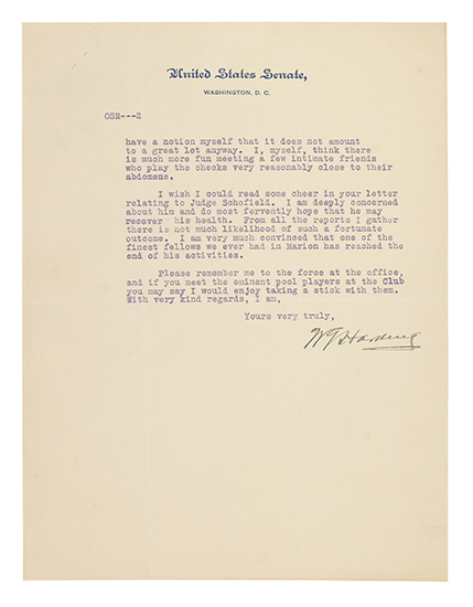 Appraisal: HARDING WARREN G Typed Letter Signed WGHarding as Senator from