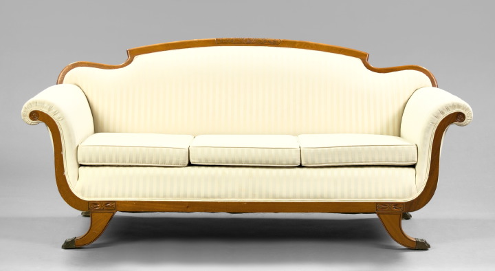 Appraisal: Neoclassical-Style Mahogany Sofa second quarter th century with scroll arms