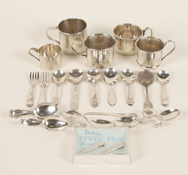 Appraisal: Sterling and silverplate baby spoons cups and diaper pins Lot