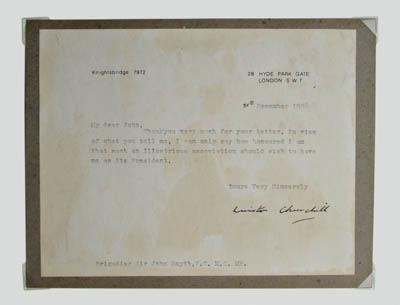 Appraisal: Winston Churchill signed letter four typed lines on Hyde Park