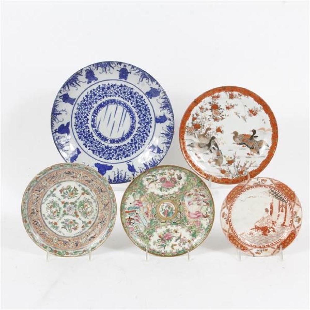 Appraisal: FIVE ASIAN HAND DECORATED PORCELAIN PLATES INCL ANTIQUE CHINESE FAMILLE