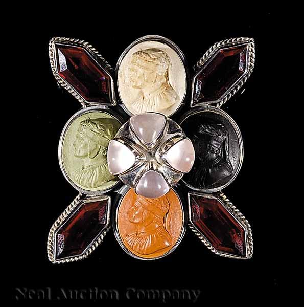 Appraisal: A Sterling Silver Rose Quartz Cameo and Ruby Glass Brooch