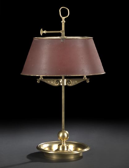 Appraisal: Attractive Diminutive French Gilt-Brass and Antique Red Tole-Peinte Single-Light Bouillotte