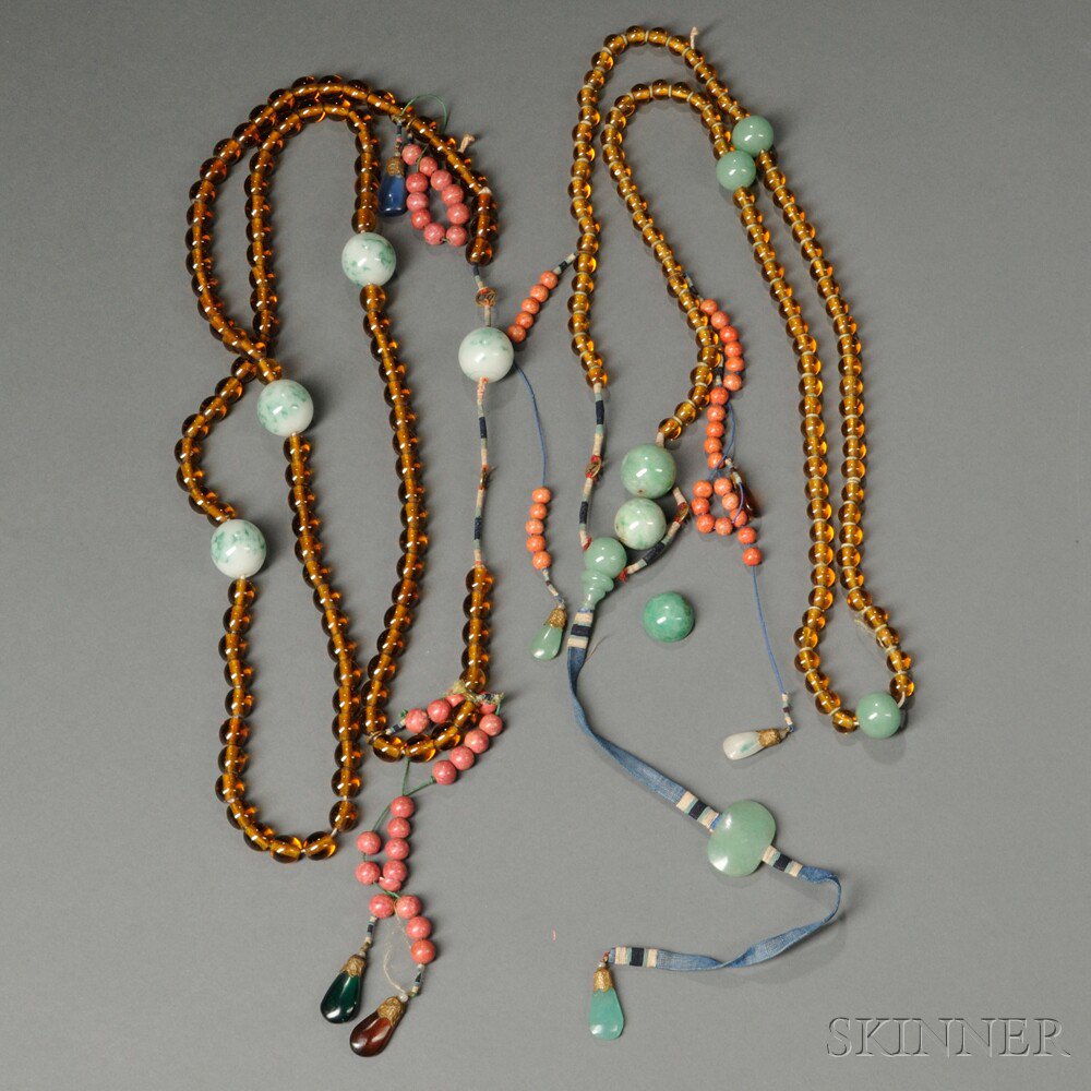 Appraisal: Two Court Necklaces China hardstone and glass beads with gilt-metal