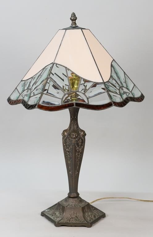 Appraisal: LEADED GLASS LAMPPatinated metal lamp with leaded glass shade Unmarked