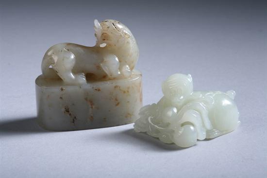 Appraisal: CHINESE SEAL AND WHITE JADE FIGURE OF MONKEY - Each