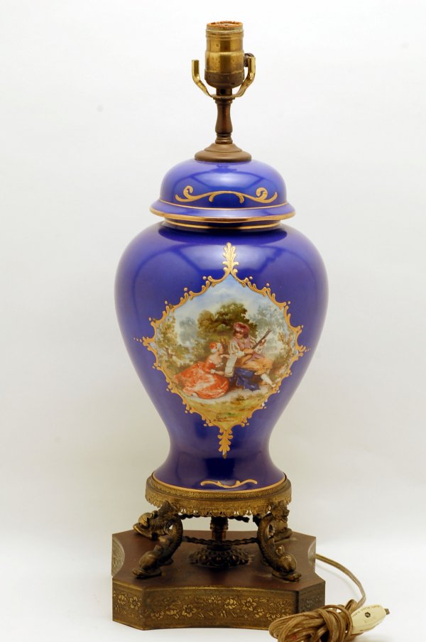 Appraisal: Blue porcelain table lamp baluster form with handpainted scenic cartouche