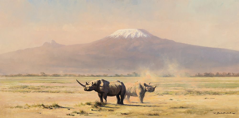 Appraisal: David Shepherd Amboseli Evening or Rhinos with Mt Kilimanjaro David