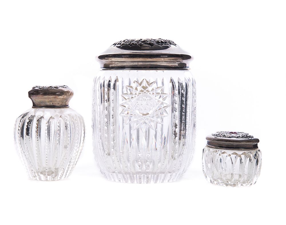 Appraisal: Sterling Silver Lidded Cut Glass Jars Good condition with normal