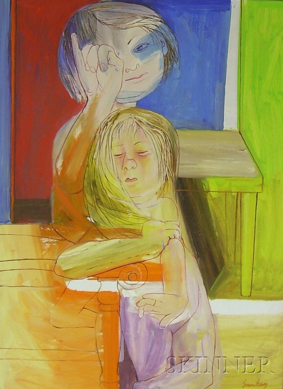 Appraisal: Framed Oil on Masonite Abstract Composition with Two Children by