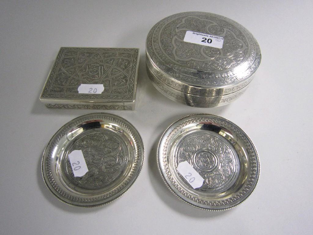 Appraisal: A Turkish silver circular lidded Box Cigarette Case and pair