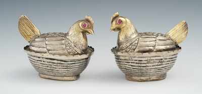 Appraisal: A Pair of Silver Metal Hens Early th Century Apprx