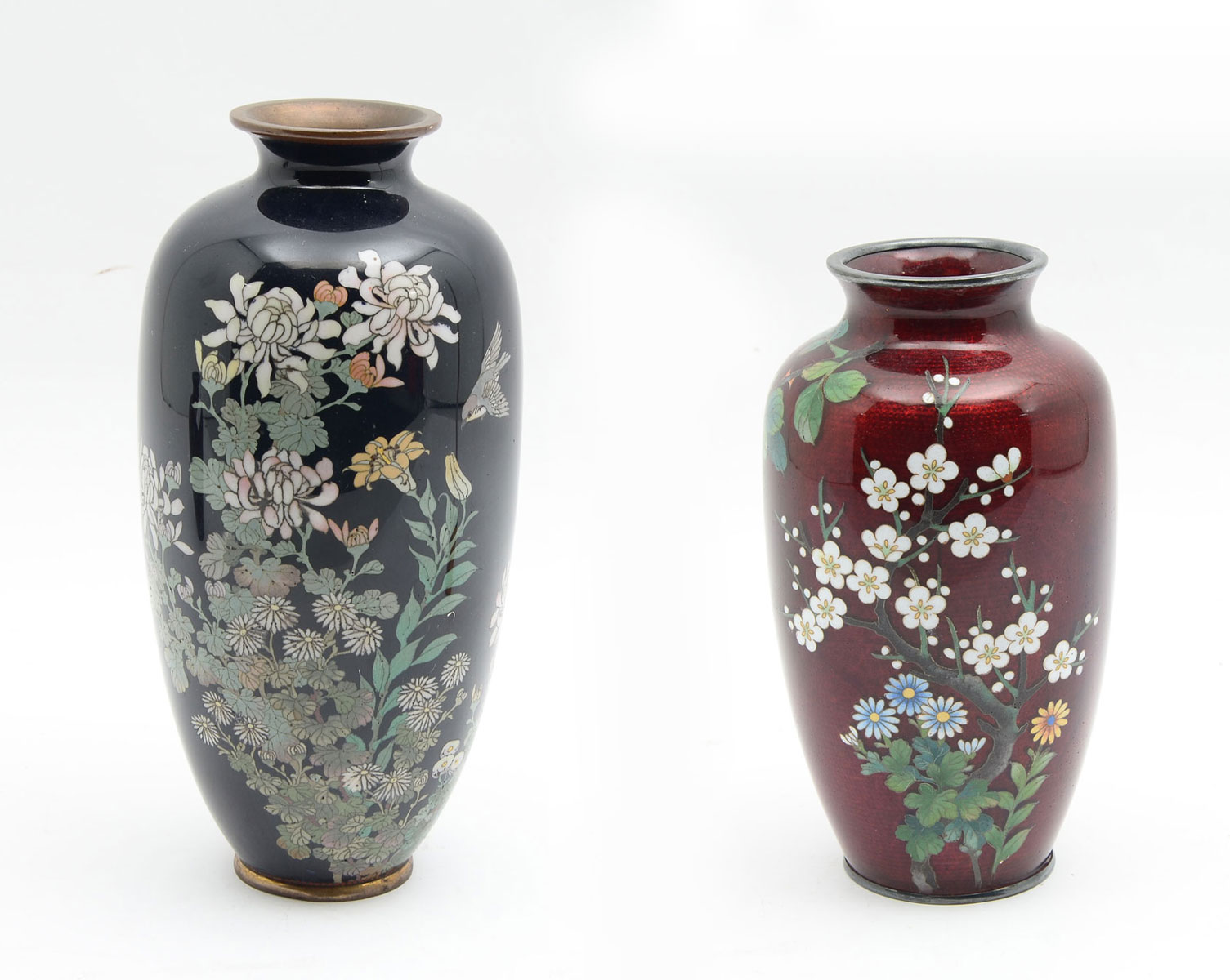 Appraisal: PC JAPANESE WIRELESS CLOISONNE VASES Comprising black cloisonne on copper