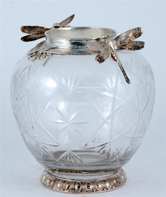 Appraisal: French style metal-mounted cut glass vase collar flanked by dragonfly