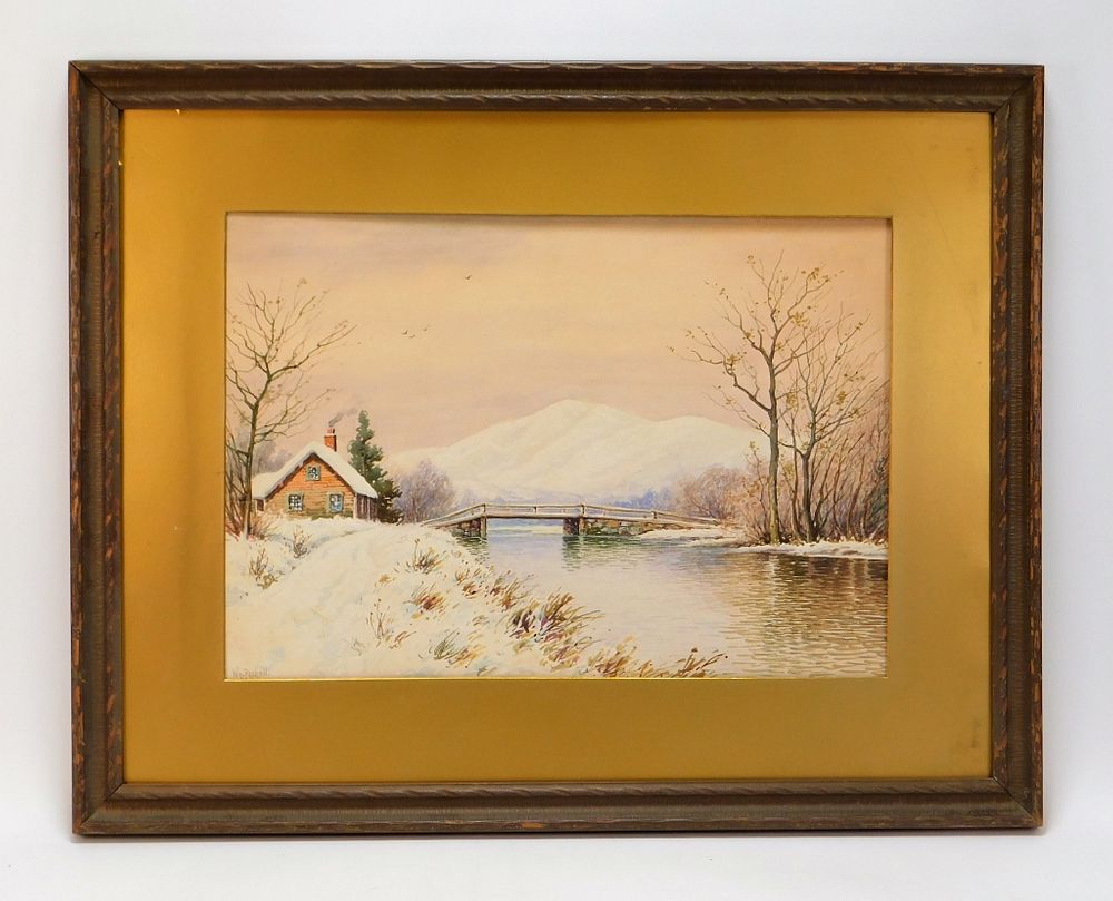 Appraisal: William Paskell Winter River Landscape Painting William Paskell Massachusetts -