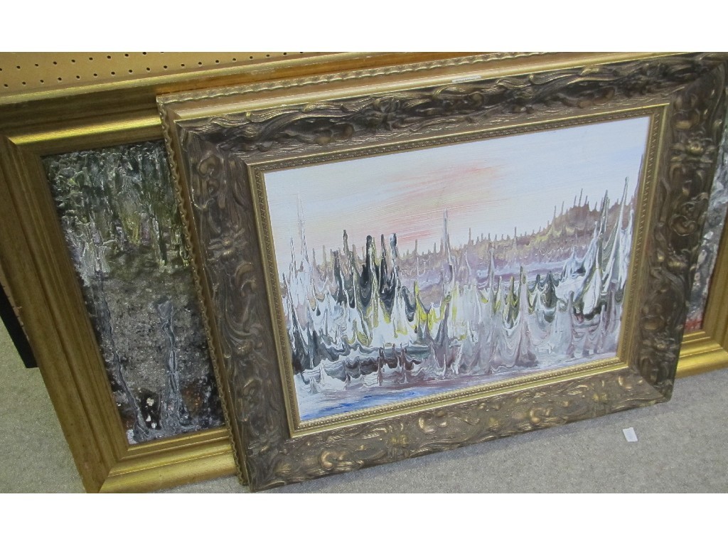 Appraisal: Lot comprising two oil on canvas abstract compositions indistinctly signed