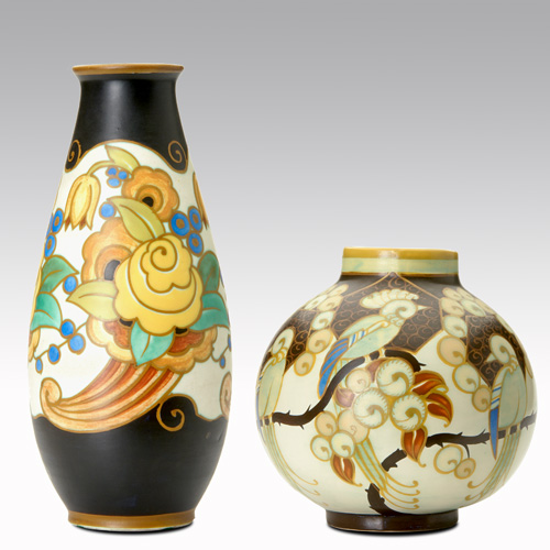 Appraisal: BOCH FRERES Pair of bulbous porcelain vases enamel-decorated with stylized