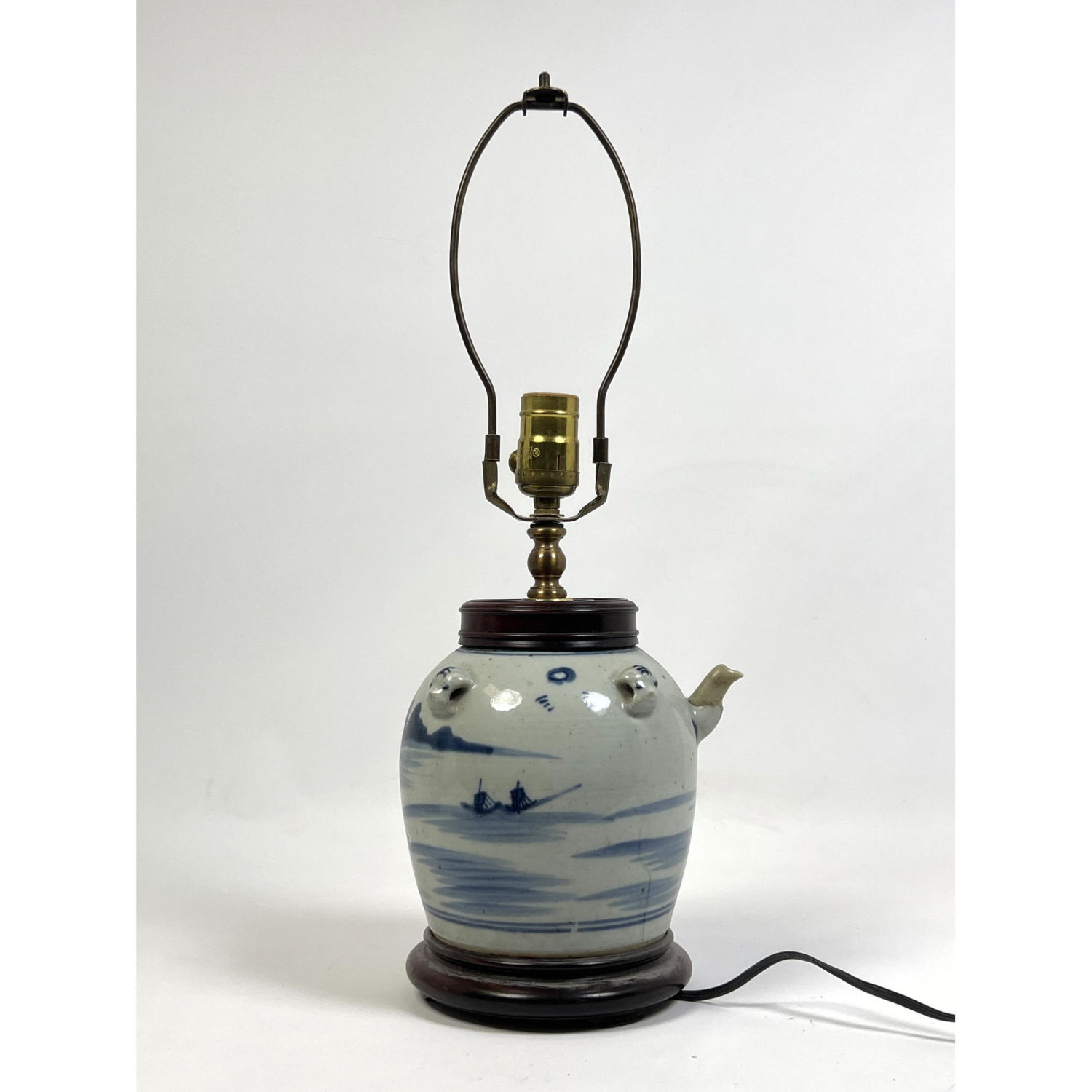 Appraisal: Asian Glazed Pottery Lamp Handled Vessel with Small Spout Blue