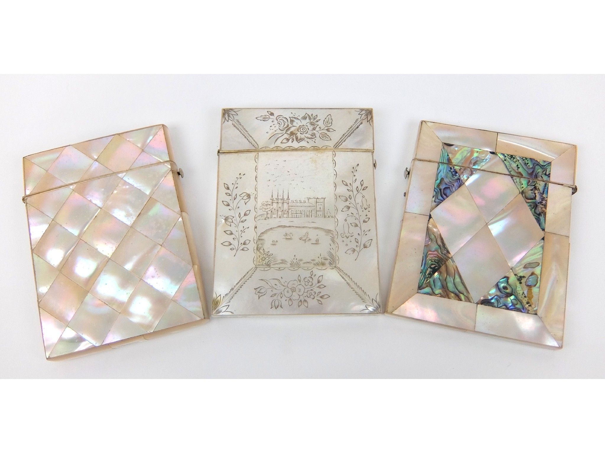 Appraisal: A mother of pearl card casewith engraved country house scene