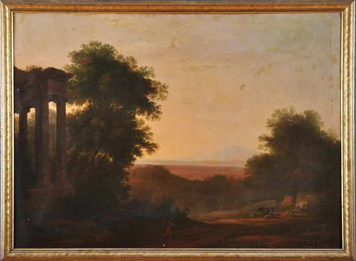 Appraisal: EUROPEAN SCHOOL LANDSCAPE WITH RUINS AND COWS Oil on canvas