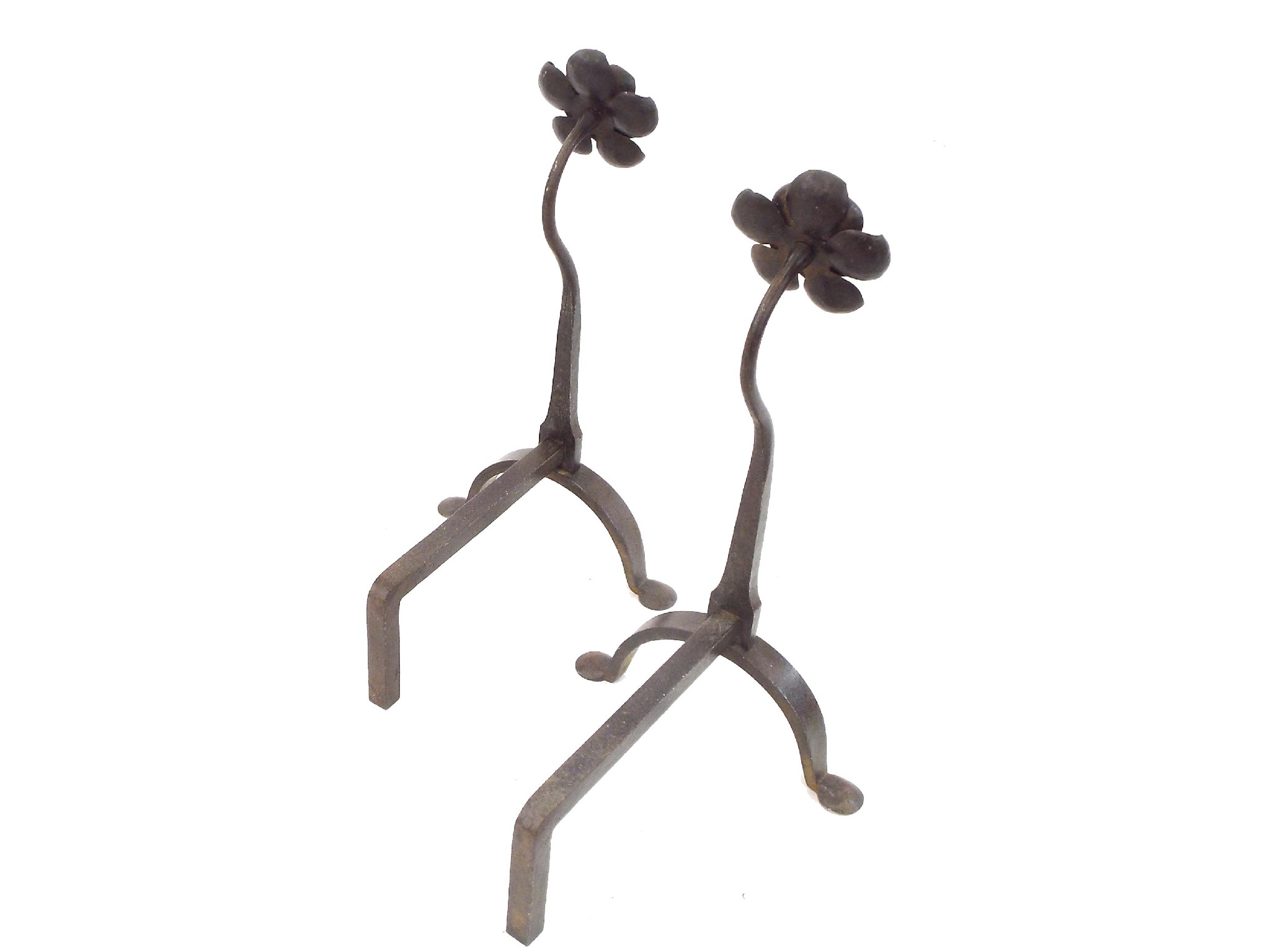 Appraisal: Pair of Arts Crafts wrought iron fire dogs surmounted by