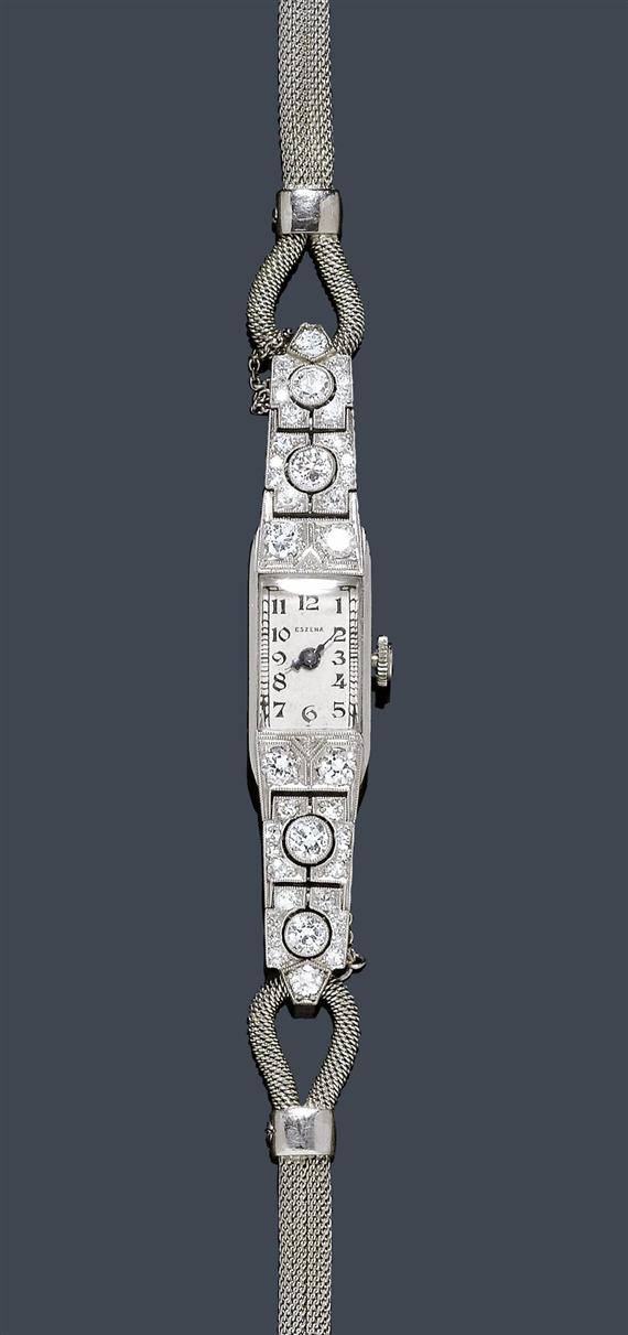 Appraisal: DIAMOND LADY'S WRISTWATCH ESZEHA ca Platinum bracelet white gold Rectangular