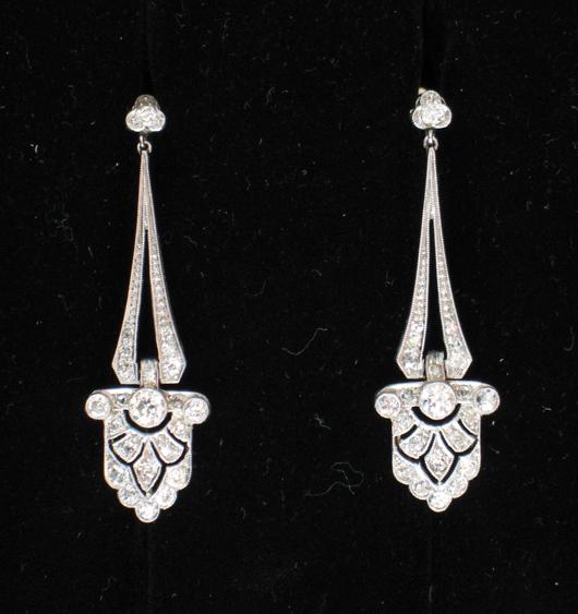 Appraisal: A PAIR OF DIAMOND-SET CHANDELIER EARRINGS of Art Deco design