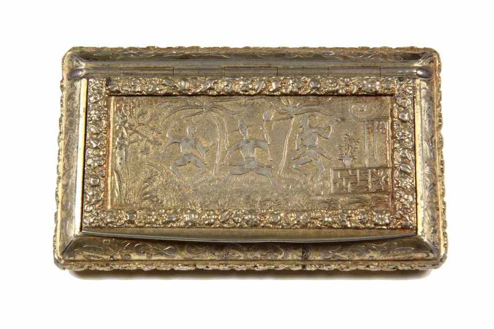 Appraisal: GILDED METAL SNUFF BOX- French circa - with stylized scene