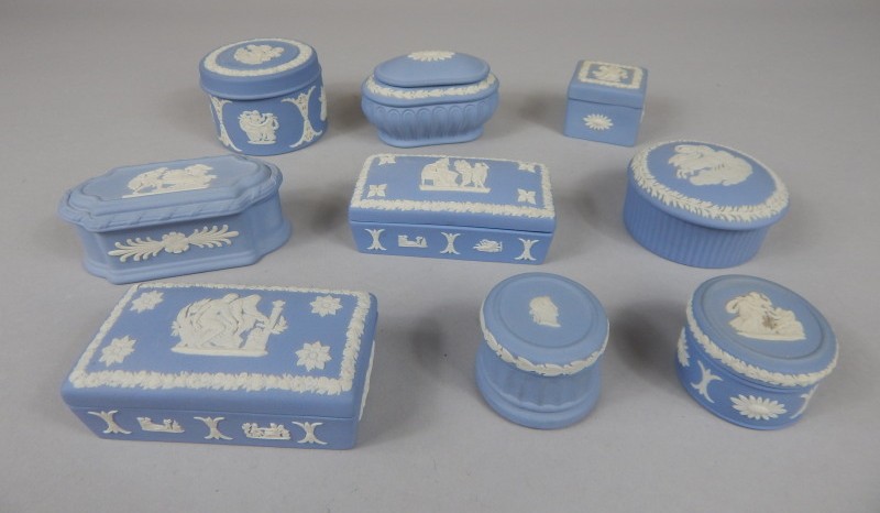 Appraisal: Various Wedgwood blue Jasperware boxes and covers various shapes and